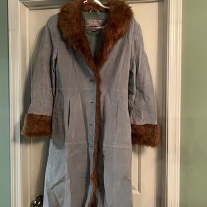 Wilson leather jacket. Baby blue with brown fur trim.